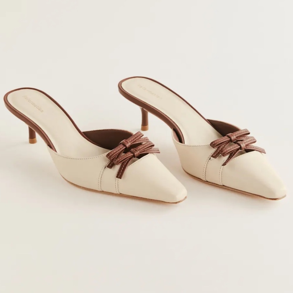 Reformation, NEW Nelson Pointed Toe Mule Kitten Heels with Brown Bow, 10.5